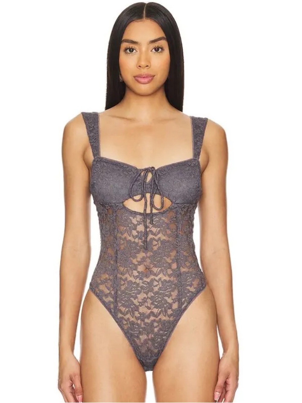 Free People Charcoal Lace Tie-Front Square-Neck Bodysuit Strike A Pose Size M - Picture 2 of 11